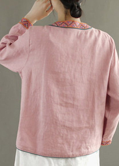 Blue V Neck Embroideried Button Linen Shirt Long Sleeve
