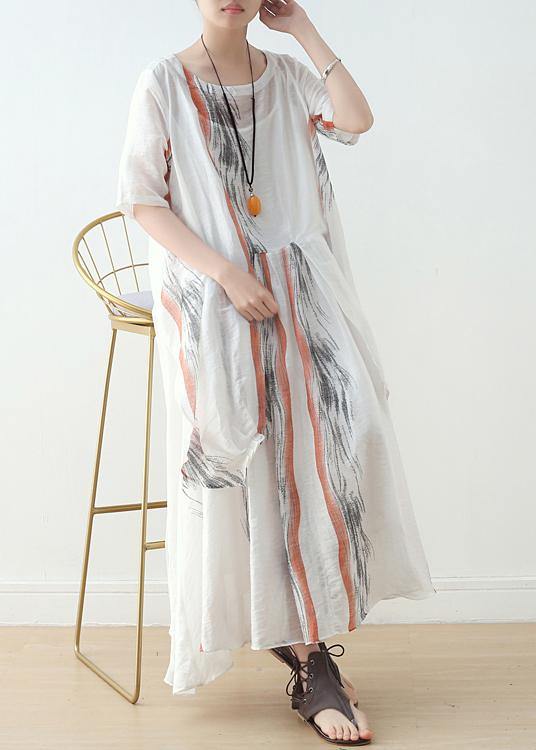 Summer White Chiffon Print O Neck Dress