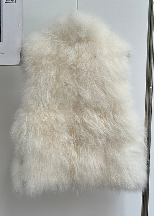 Handmade Beige Stand Collar Leather and Fur Coat Sleeveless