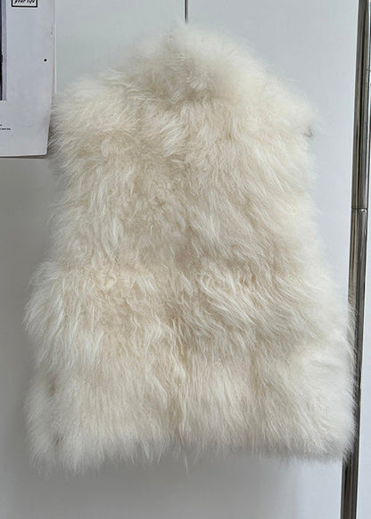 Handmade Beige Stand Collar Leather and Fur Coat Sleeveless