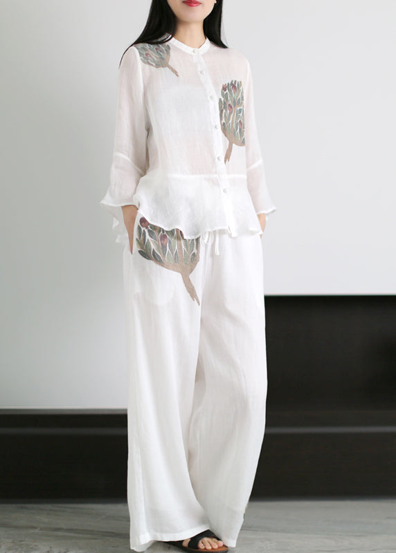 Loose White Stand Collar Patchwork Linen Two Pieces Set Flare Sleeve