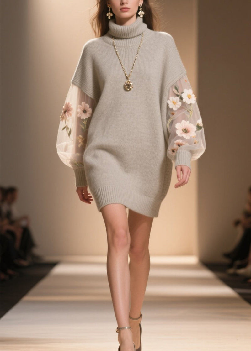 Hign Neck Tulle Patchwork Knit Sweater Dress Winter
