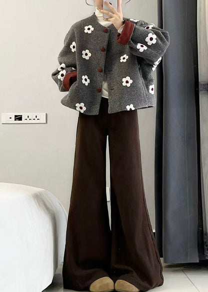 Organic Grey Print Button Woolen Coats and Wide Leg Pants Two Pieces Set Winter