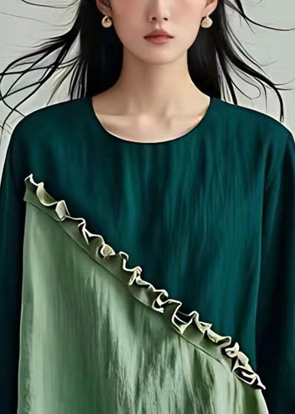 French Light Green O Neck Ruffled Cotton Top Flare Sleeve