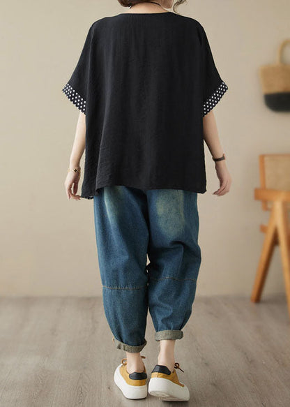 Black O Neck Print Patchwork Cotton T Shirt Tops Summer