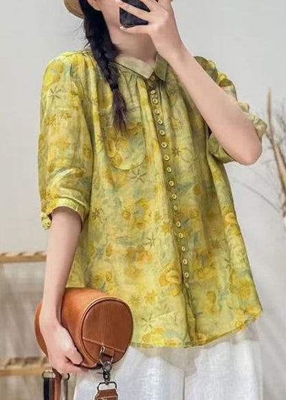 Yellow Peter Pan Collar Print Cotton Blouse Tops Summer