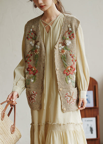 Khaki Embroideried Button Patchwork Knit Waistcoat Sleeveless