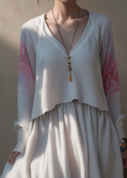 Loose Beige V Neck Print Fake Two Pieces Silk Maxi Dress Fall