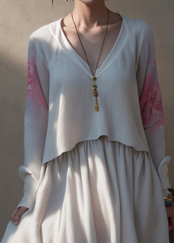Loose Beige V Neck Print Fake Two Pieces Silk Maxi Dress Fall