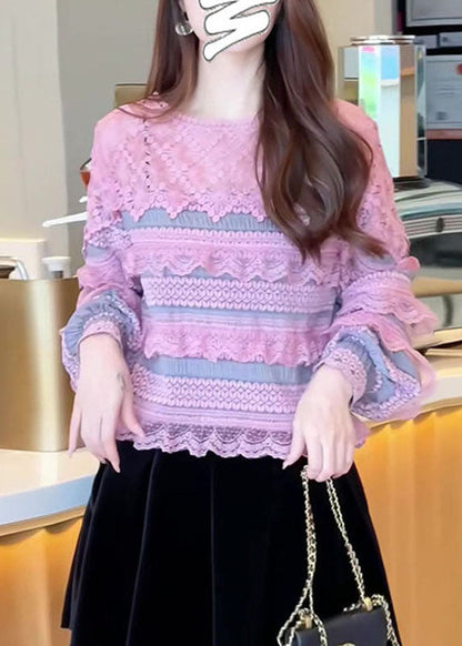 Purple O-neck Ruffled Patchwork Lace Tops Fall