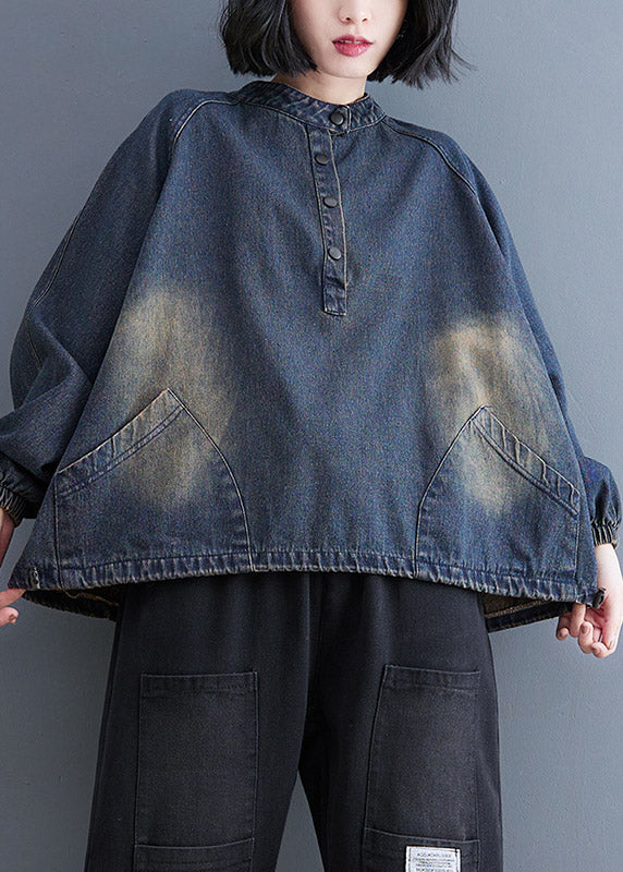 Blue Stand Collar Pockets Drawstring Denim Tops Spring