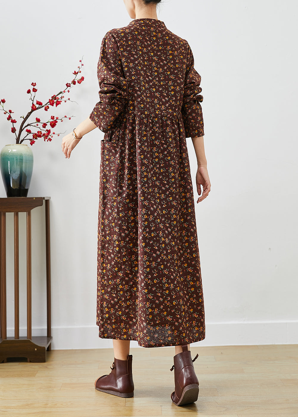 Chocolate Cinched Print Pockets Cotton Dresses Fall