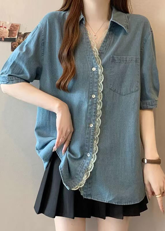 Blue Oversized Lace Patchwork Denim Shirts Summer
