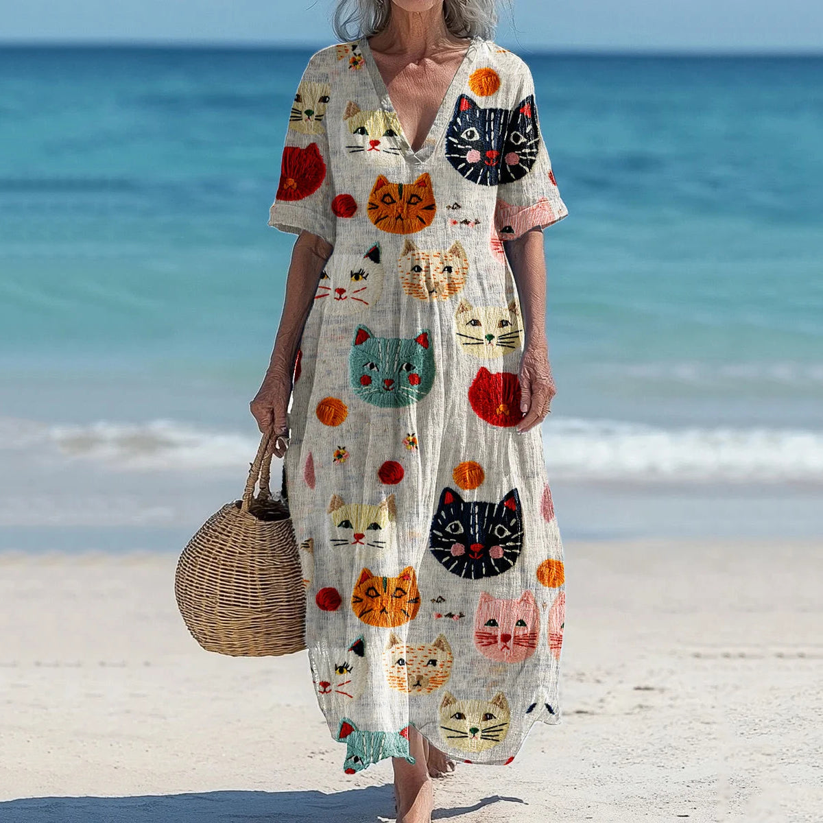 Comstylish Vintage Cute Cat Embroidered Cozy Linenart Women's Maxi Dress