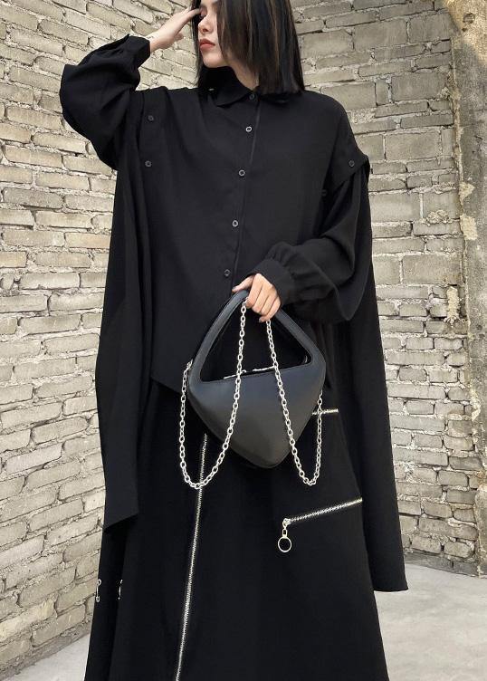 Black Asymmetrical Design Button Shirt Long Sleeve Spring