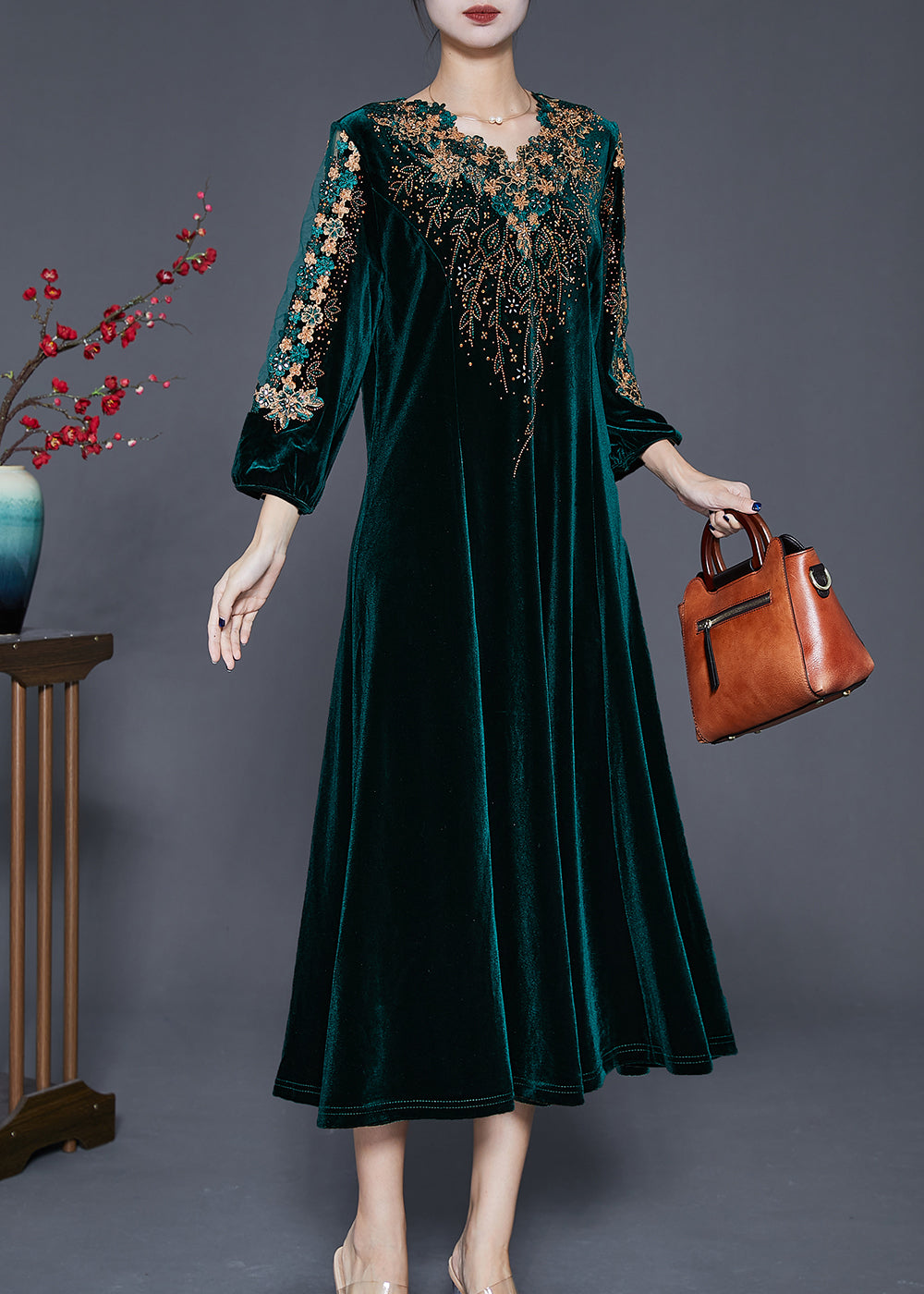 Blackish Green V Neck Zircon Silk Velour Maxi Dresses Fall