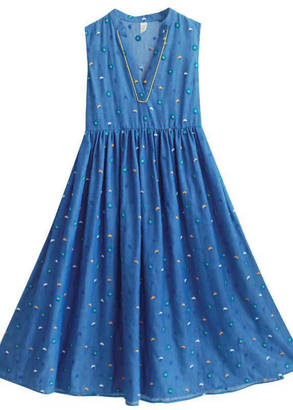 Natural V Neck Sleeveless Summer Clothes Ideas Blue Embroidery Maxi Dresses