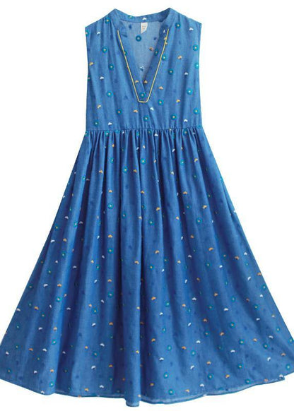 Natural V Neck Sleeveless Summer Clothes Ideas Blue Embroidery Maxi Dresses