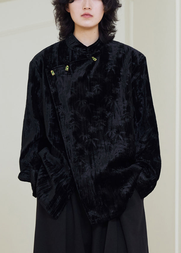 Black Stand Collar Button Silk Velour Shirts Fall