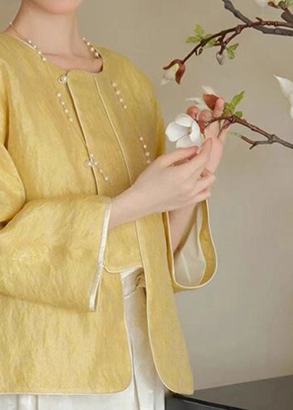 Loose Yellow O-neck Button Silk Coats Spring