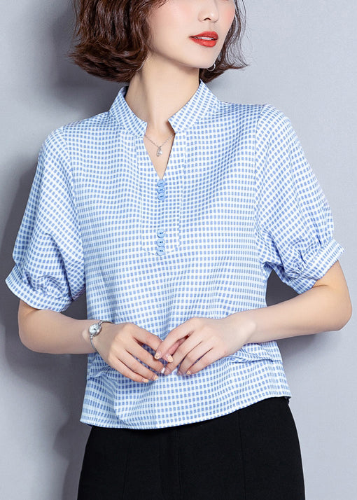 Light Blue Plaid Button Chiffon Shirt Top Summer