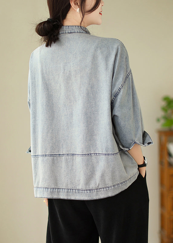 Light Blue Stand Collar Pockets Denim Jackets Spring