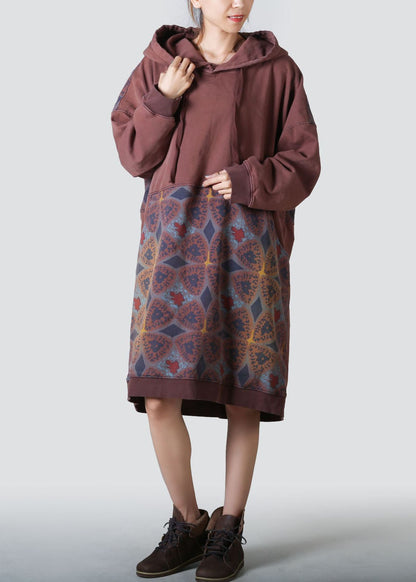 Coffee Hooded Patchwork Print Cotton Dresses Spring