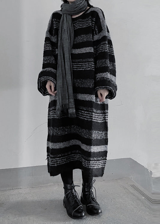 Loose Black O Neck Striped Cashmere Sweaters Dress Fall