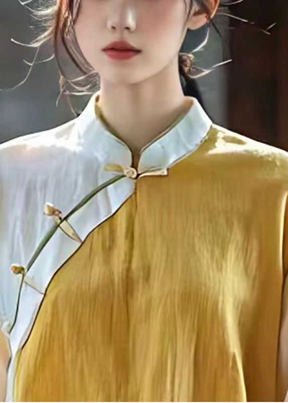 Handmade Yellow Asymmetrical Patchwork Linen Oriental Top Summer