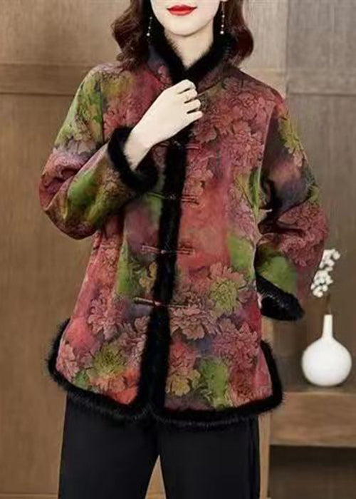 Colorblock Fur Collar Print Pockets Fleece Coat Winter