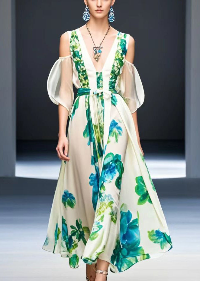 White Cold Shoulder Print Silk Maxi Dresses Summer