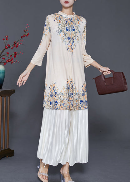 Boutique Apricot Mandarin Collar Print Silk Dress and Pleated Skirt Two Pieces Set Spring