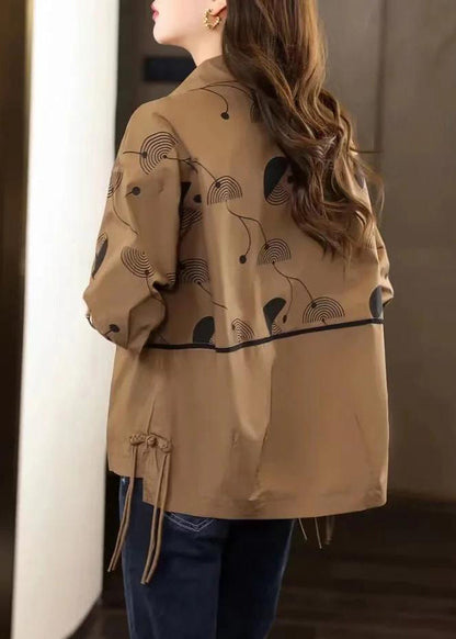 Diy Coffee Peter Pan Collar Print Chinese Button Cotton Coat Fall