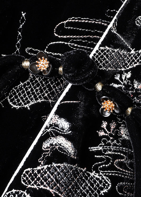 Black V Neck Jacquard Patchwork Silk Velour Coats Fall