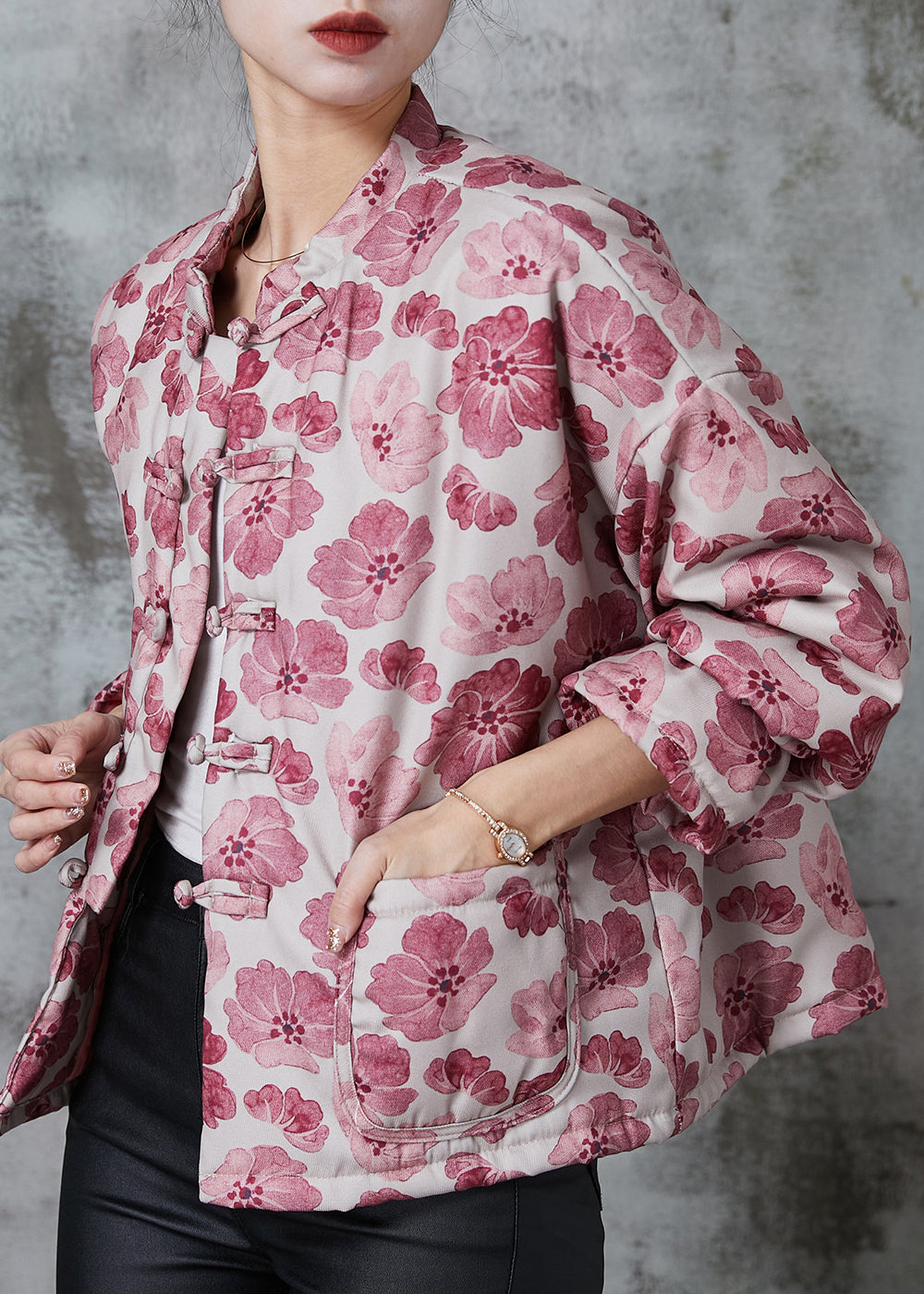 Pink Print Fine Cotton Filled Oriental Coats Spring