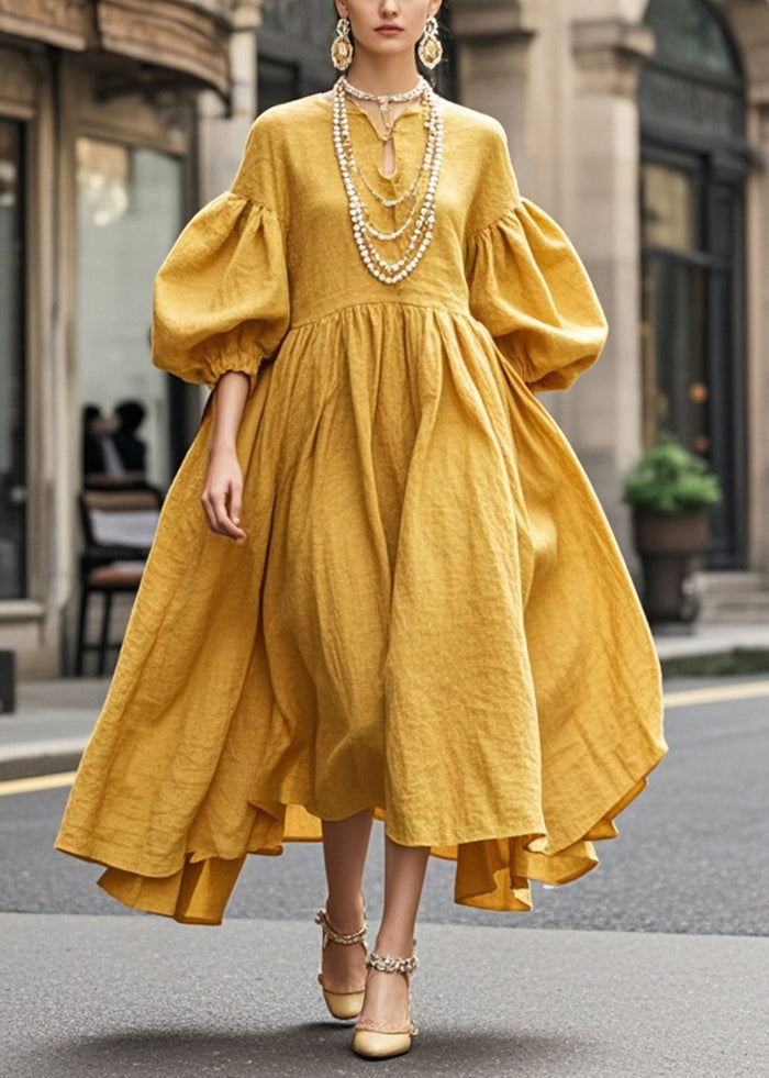 Yellow Exra Large Hem Cotton Maxi Dresses Lantern Sleeve Summer