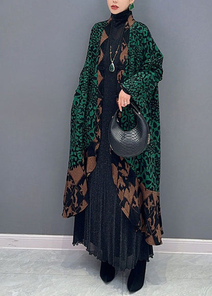 Green V Neck Print Patchwork Long Knit Cardigans Fall