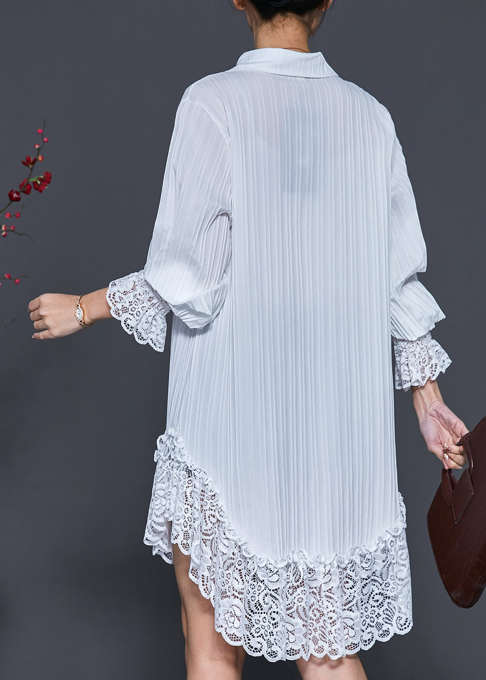 White Lace Patchwork Wrinkled Chiffon Shirt Dress Spring