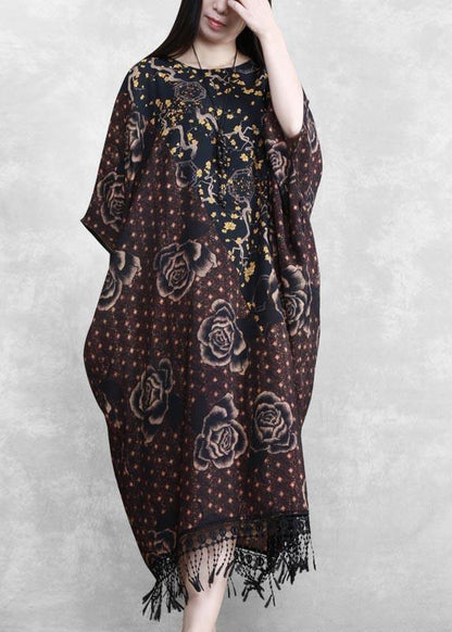 Style Chocolate Print Quilting Clothes O Neck Tassel Spring Dresses