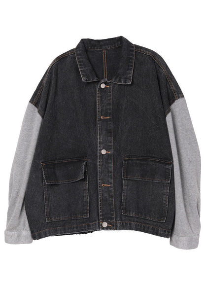 Black Patchwork Pockets Fall Denim Jackets Long Sleeve