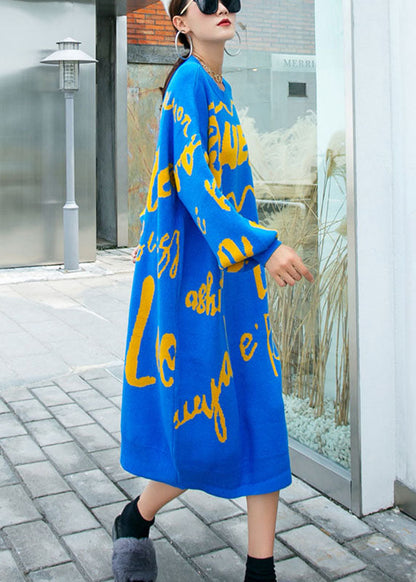 French Blue Loose O-neck Knit Fall Sweater Dress