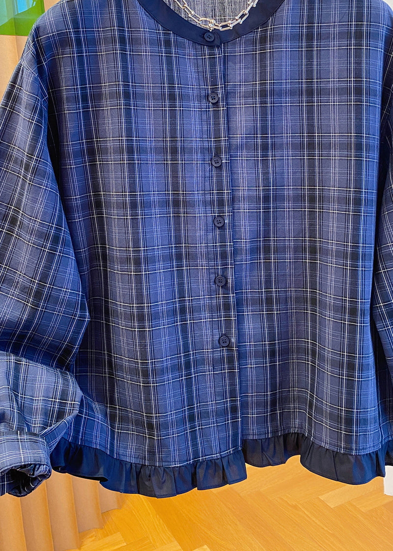 Blue O Neck Plaid Ruffled Cotton Shirt Top Fall