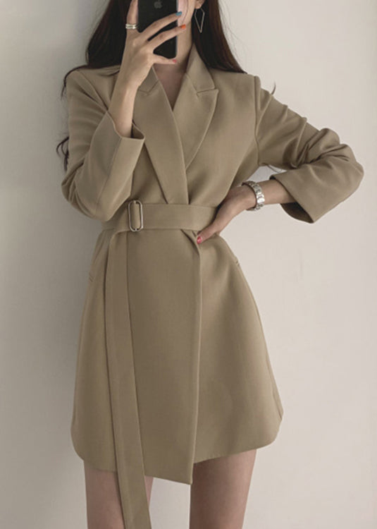 Khaki Peter Pan Collar Pockets Coat Long Sleeve