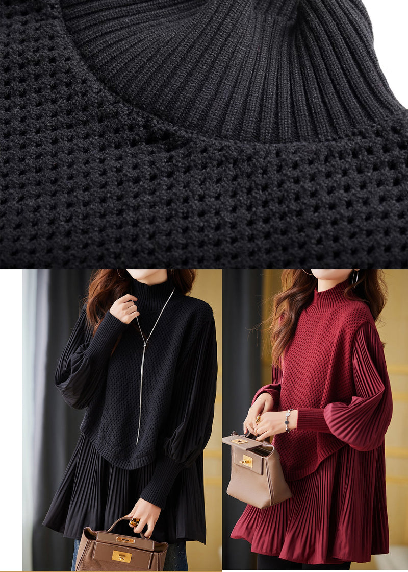Red High Neck Patchwork Knit Pleated Shirts Spring