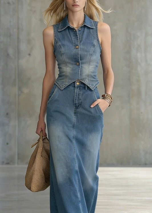 Blue Vest and Skirts Denim Two Pieces Set Summer
