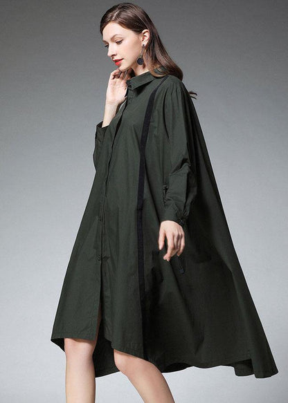 Tea Green Peterpan Collar Button Patchwork Fall Cotton Long Shirt