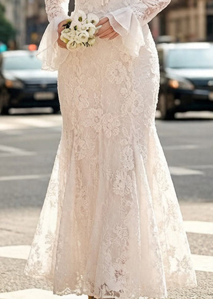 White Embroidered Lace Up Fish Tail Dress Flare Sleeve