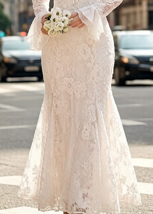 White Embroidered Lace Up Fish Tail Dress Flare Sleeve