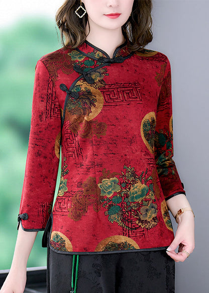 Red Mandarin Collar Chinese Button Print Silk Shirt Top Bracelet Sleeve