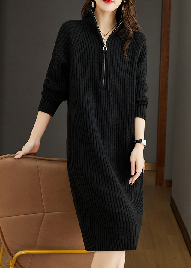 Black Zippered Patchwork Woolen Knit Dress Fall